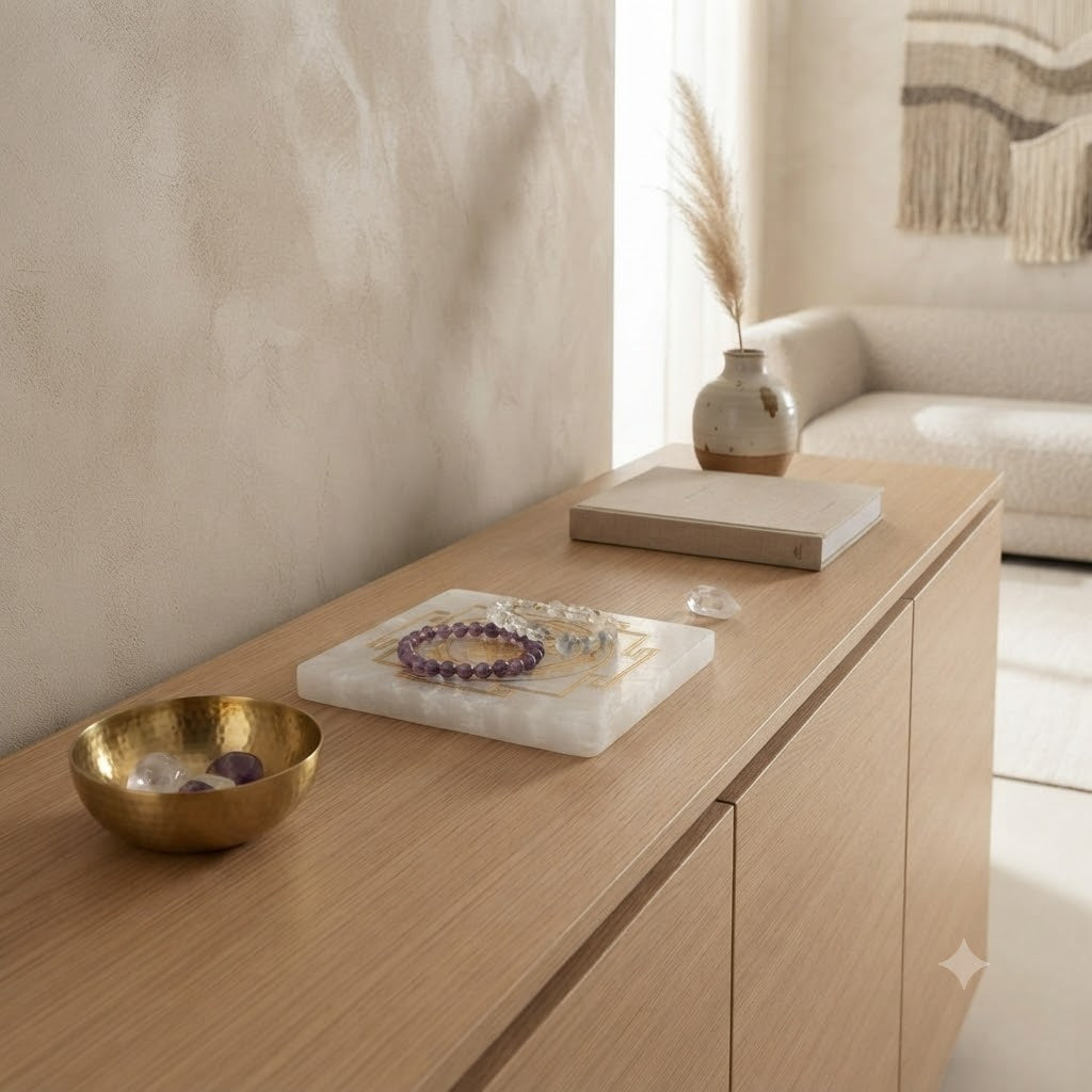 Sri Yantra Selenite Plate – Gold Engraved Crystal Charging & Spiritual Décor