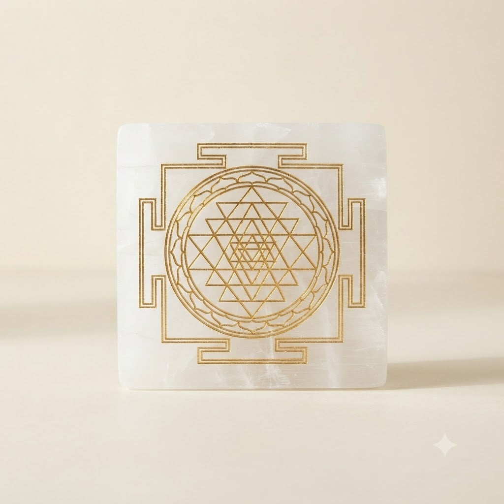 Sri Yantra Selenite Plate – Gold Engraved Crystal Charging & Spiritual Décor