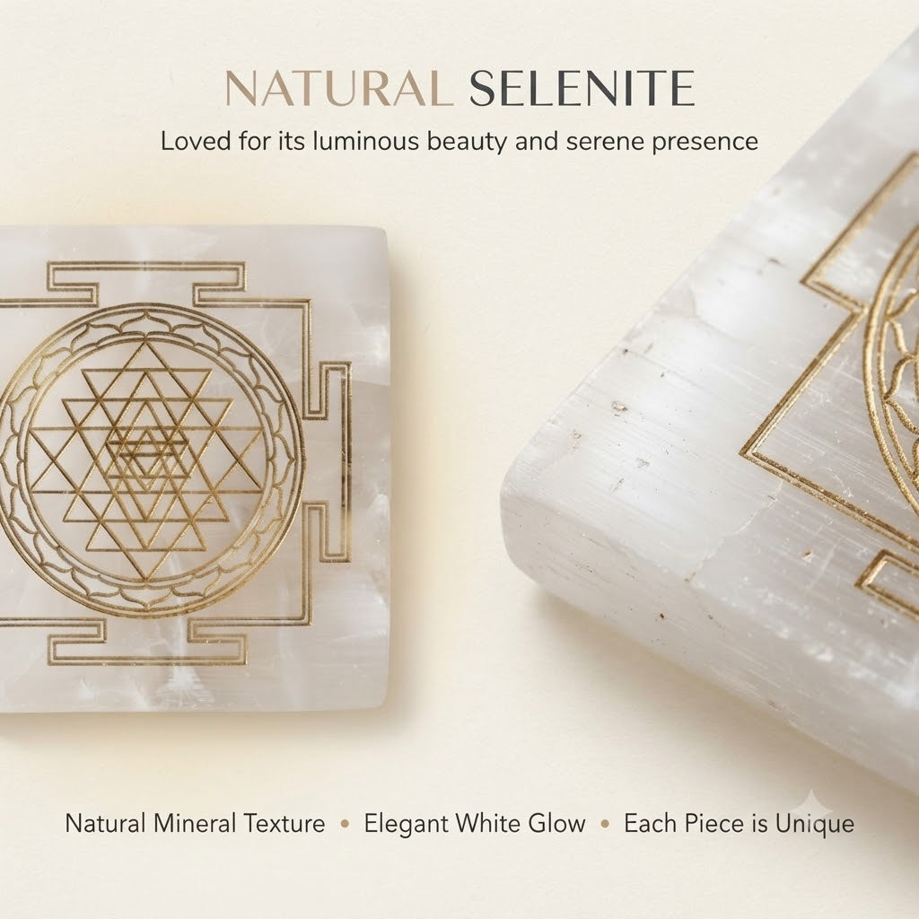Sri Yantra Selenite Plate – Gold Engraved Crystal Charging & Spiritual Décor