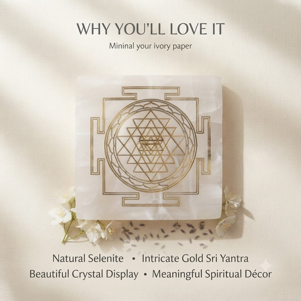 Sri Yantra Selenite Plate – Gold Engraved Crystal Charging & Spiritual Décor