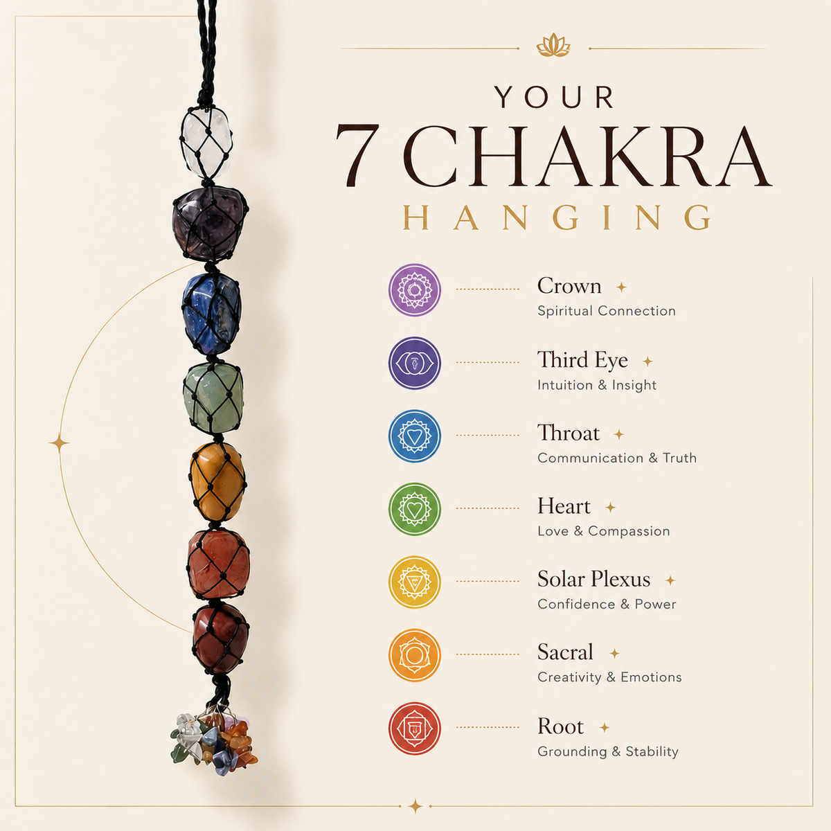 7 Chakra Tumble Stone Hanging – Natural Crystal Spiritual Décor