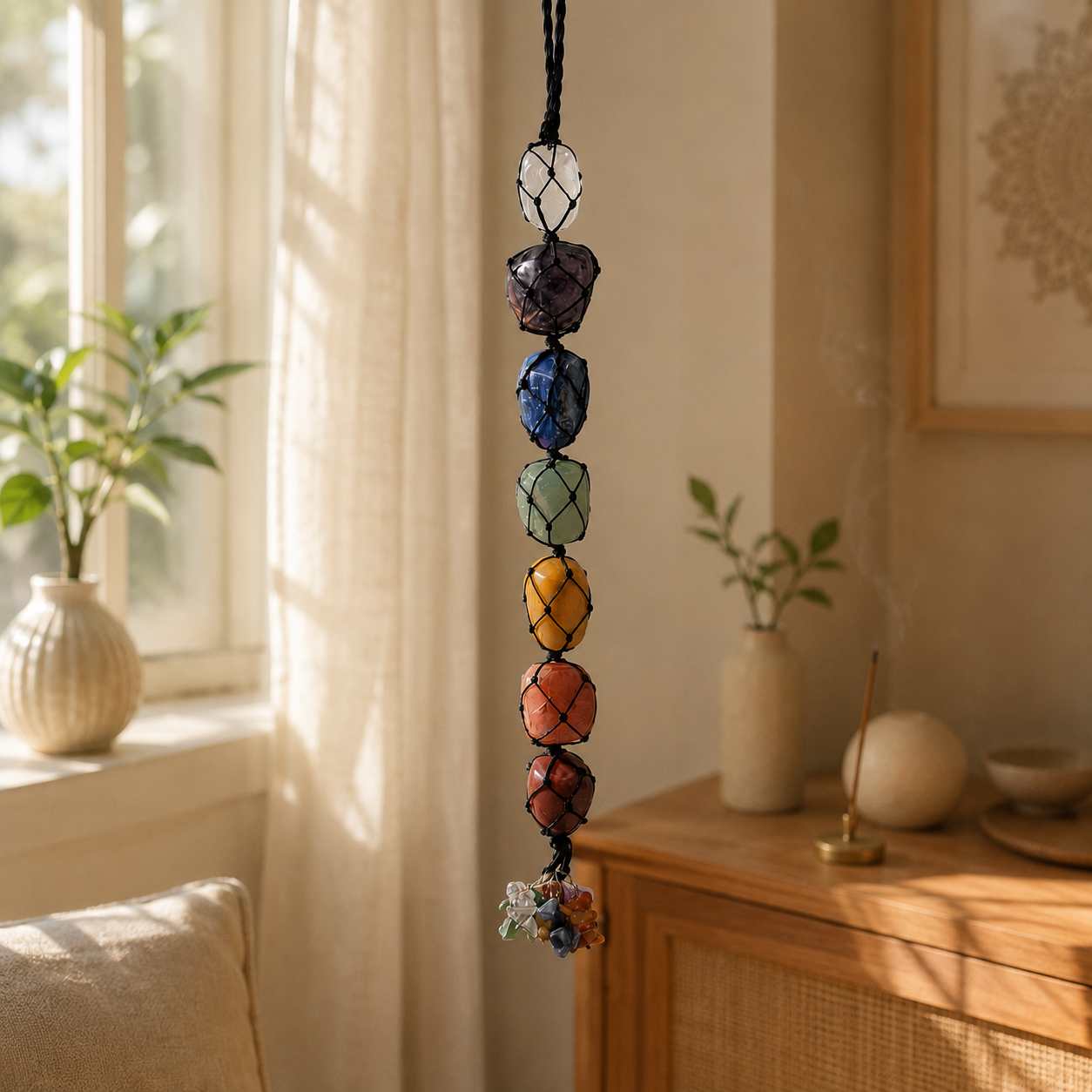 7 Chakra Tumble Stone Hanging – Natural Crystal Spiritual Décor