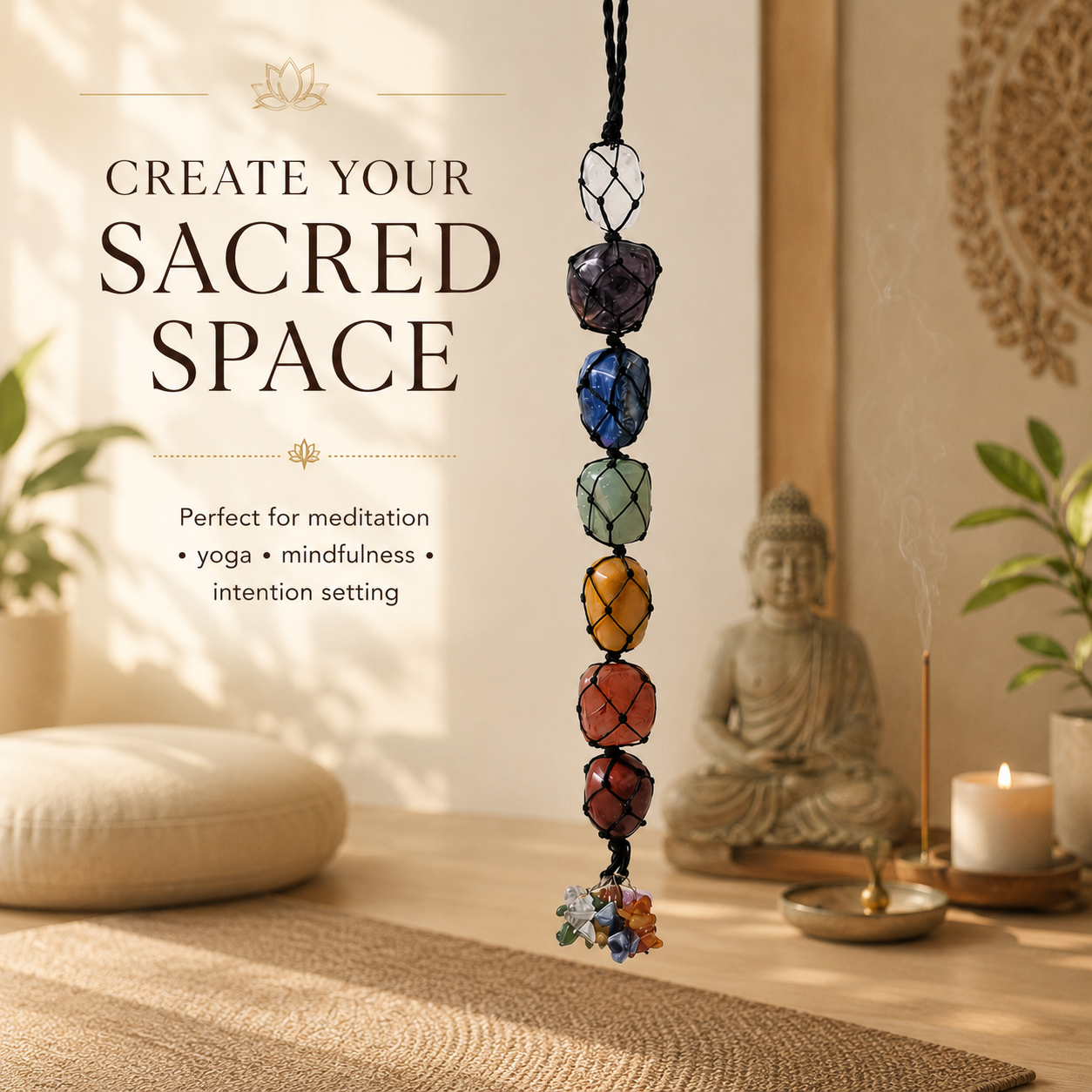 7 Chakra Tumble Stone Hanging – Natural Crystal Spiritual Décor