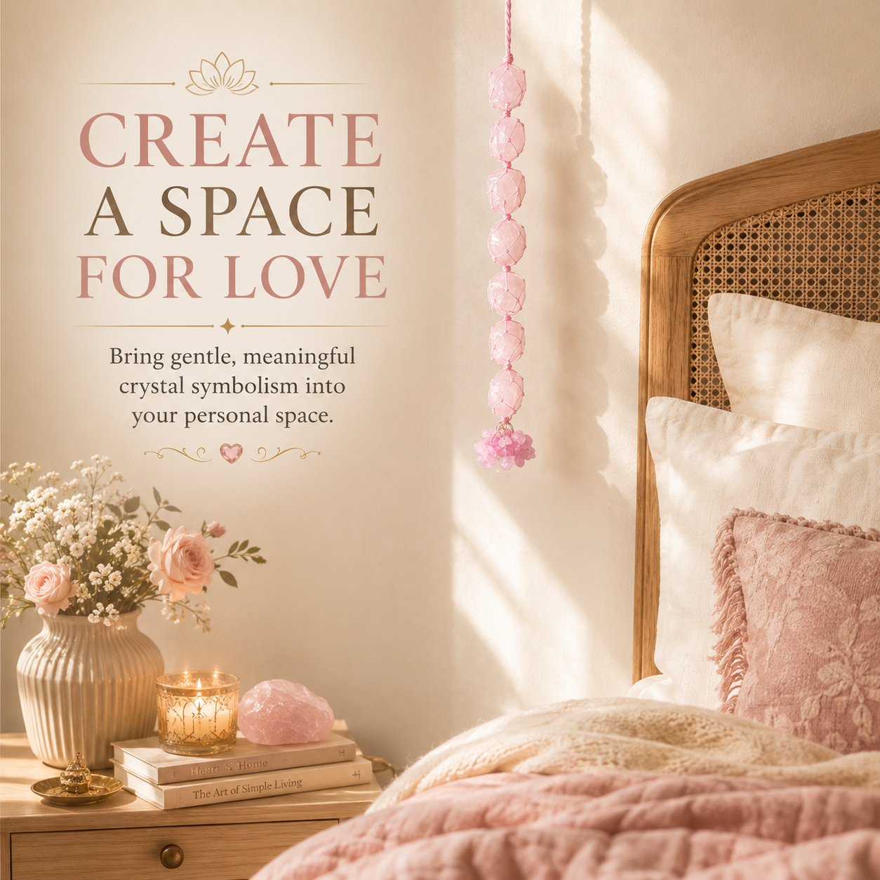 Rose Quartz Tumble Stone Hanging – Natural Love Crystal Décor