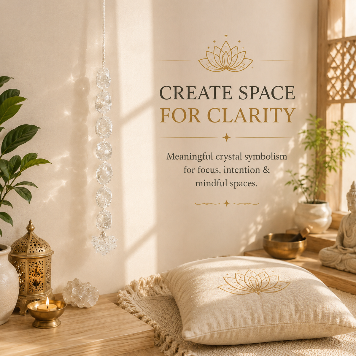 A cream-colored meditation cushion with a gold lotus embroidery, styled on a wooden floor in a serene, sunlit room with crystals, a brass lantern, and a bowl. A matching wall decal with gold text and a lotus illustration reads 'CREATE SPACE FOR CLARITY'.