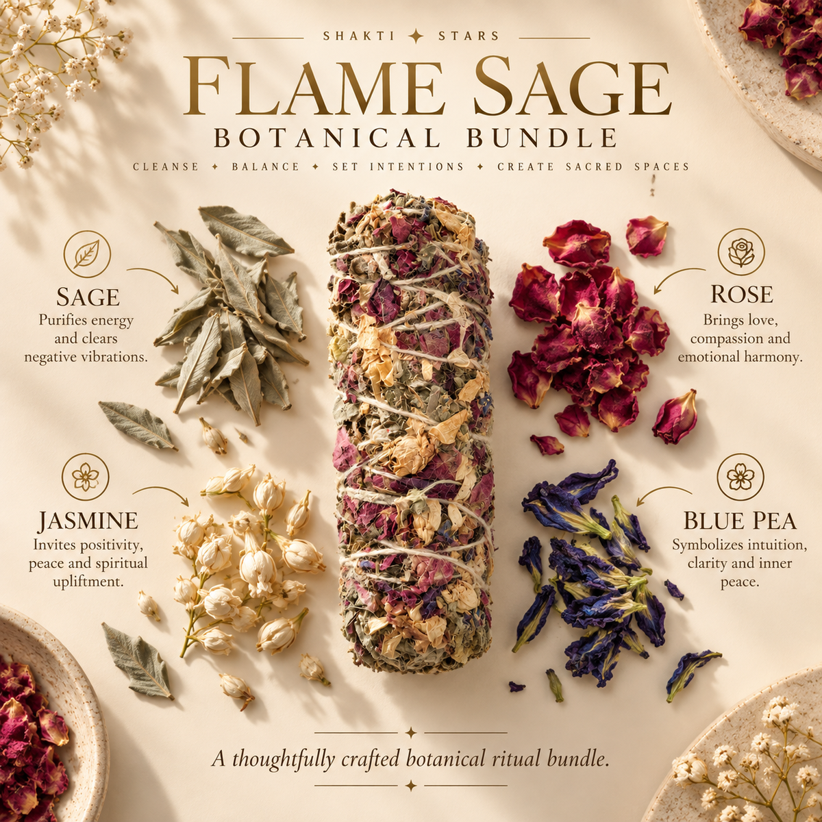 Flame Sage Bundle with Rose, Jasmine & Blue Pea | Botanical Smudge Bundle
