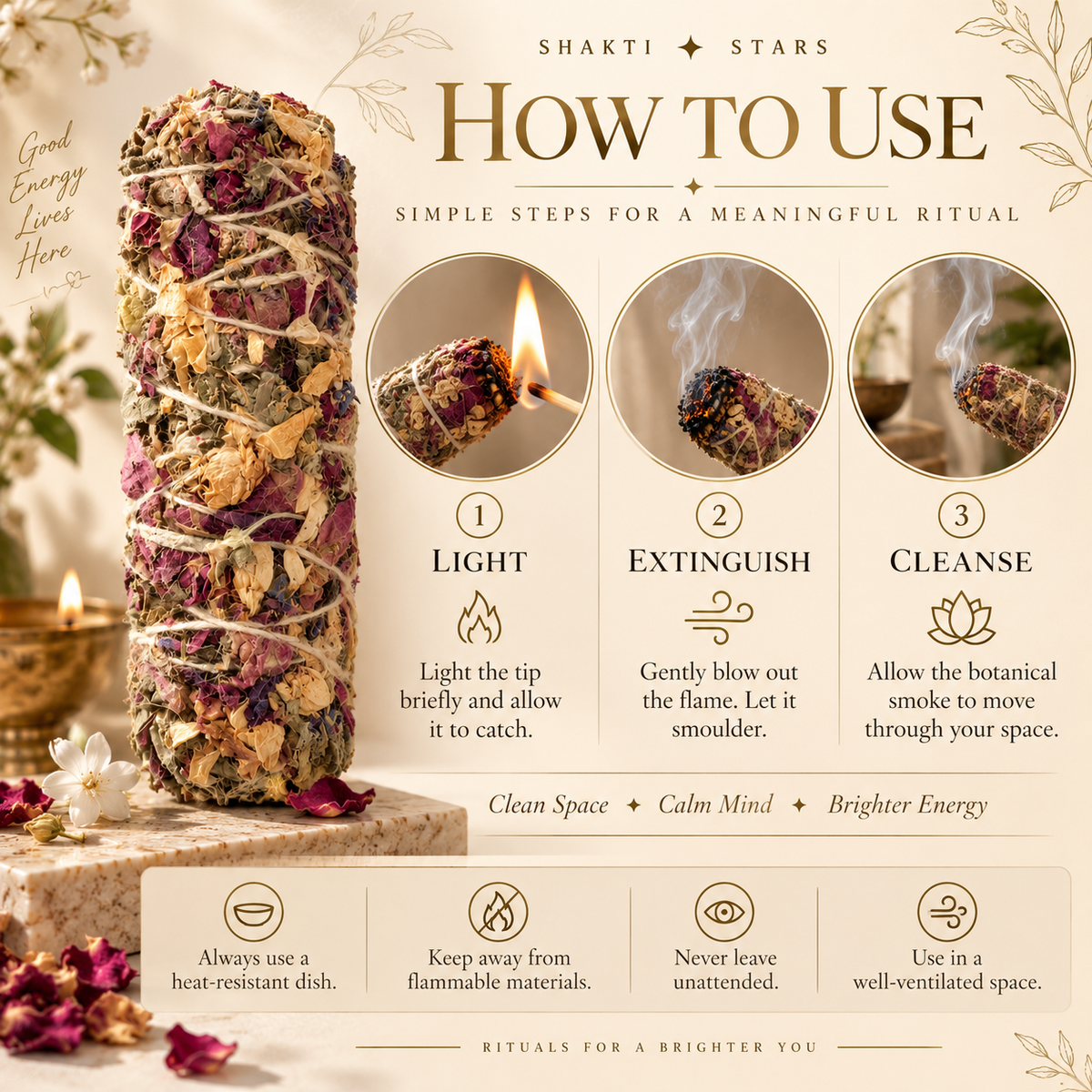 Flame Sage Bundle with Rose, Jasmine & Blue Pea | Botanical Smudge Bundle