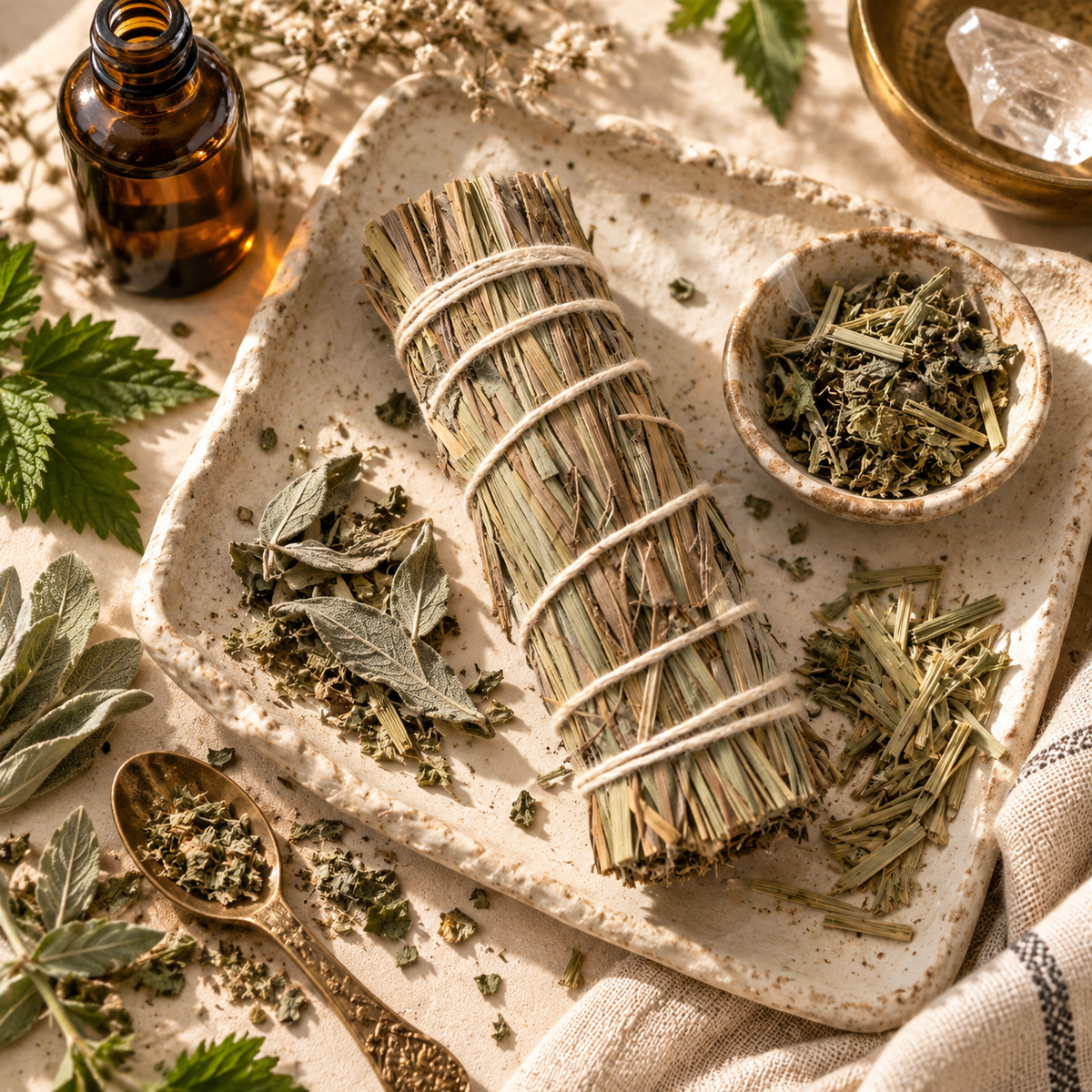 A tied bundle of dried herbs on a speckled stone tray, with a small bowl of loose herbs, scattered herb pieces, a spoon, leaves, and an amber bottle in a styled flat-lay arrangement.