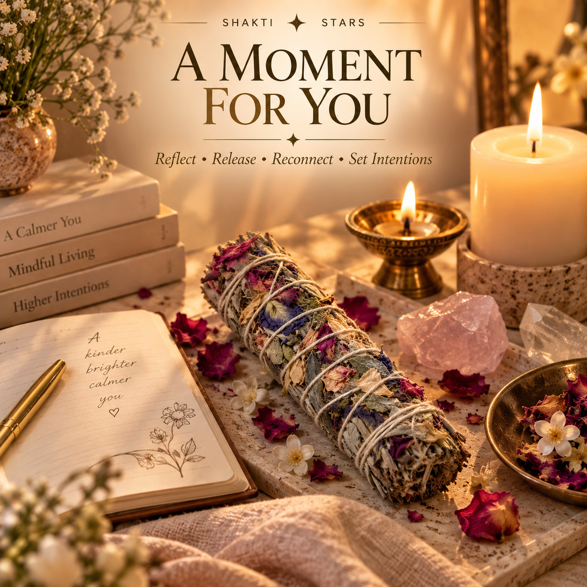 A styled tabletop scene with a rolled sage smudge bundle wrapped in string, surrounded by lit candles, a notebook, flowers, crystals, and decorative props. Large text at the top reads 'A Moment For You' with smaller text 'SHAKTI STARS' and 'Reflect • Release • Reconnect • Set Intentions'.