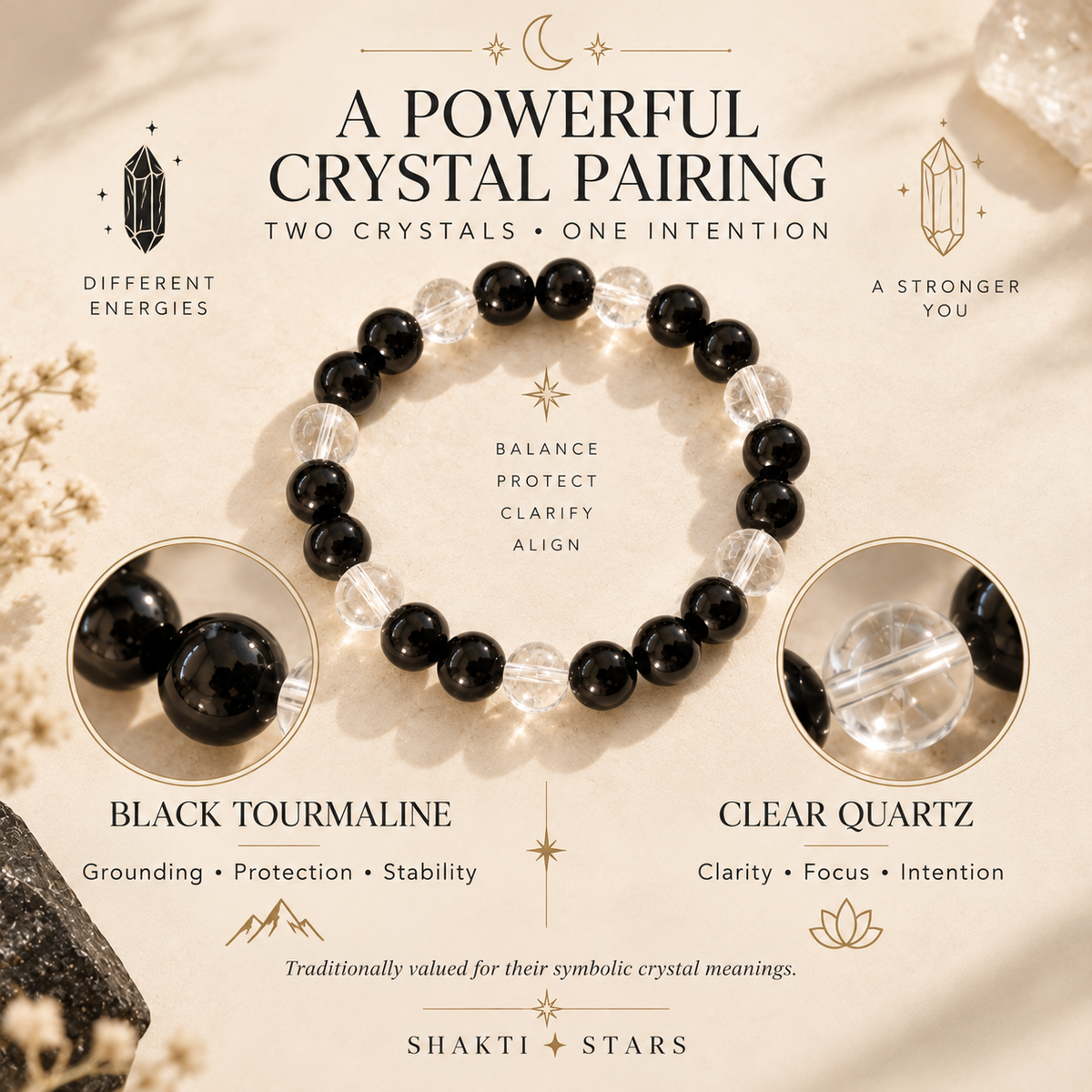 A crystal beaded bracelet featuring alternating black tourmaline and clear quartz beads, presented on a warm beige background with decorative crystals and text overlays explaining their symbolic meanings.