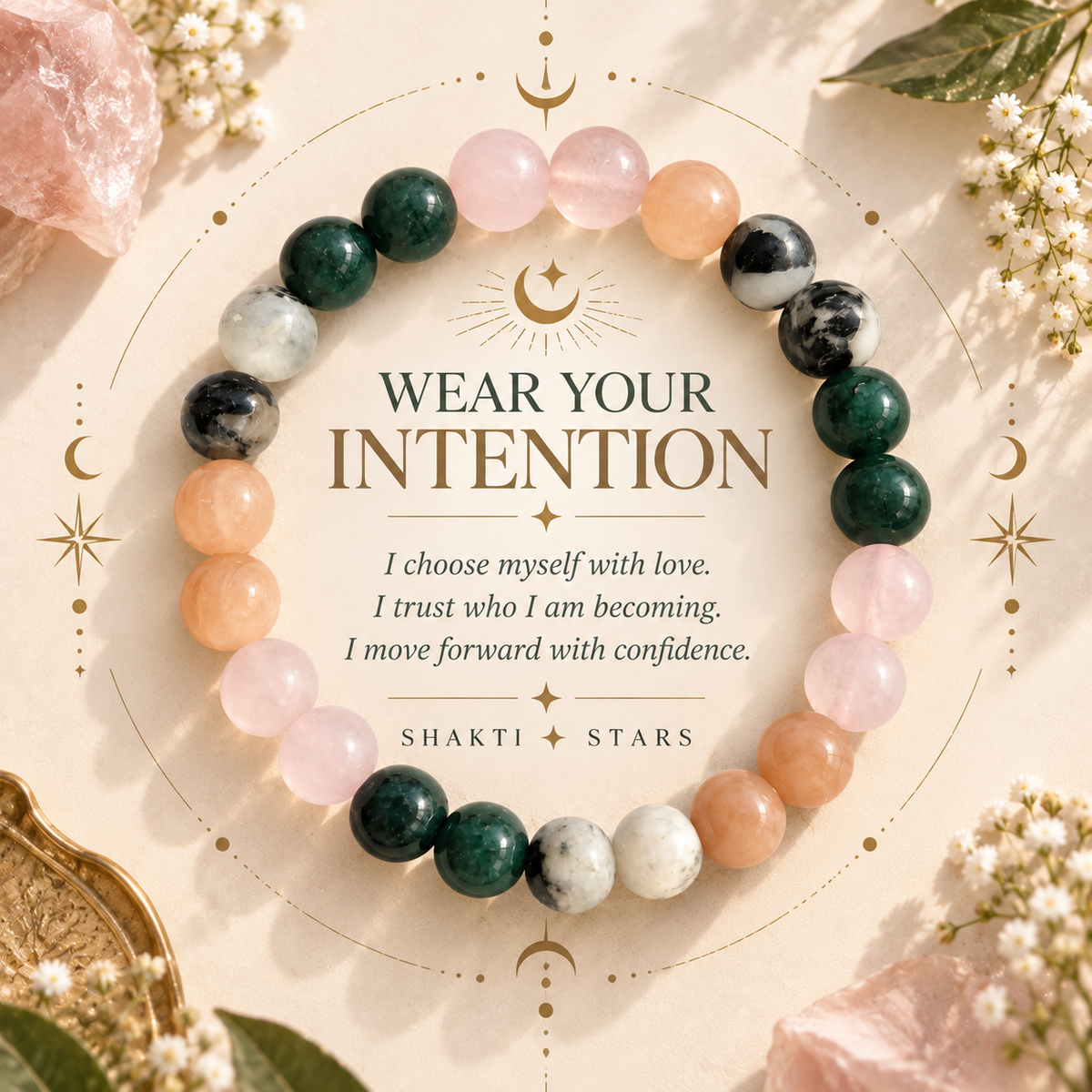 Self-Love & Confidence Crystal Bracelet | Rose Quartz, Sunstone, Green Jade & Rainbow Moonstone