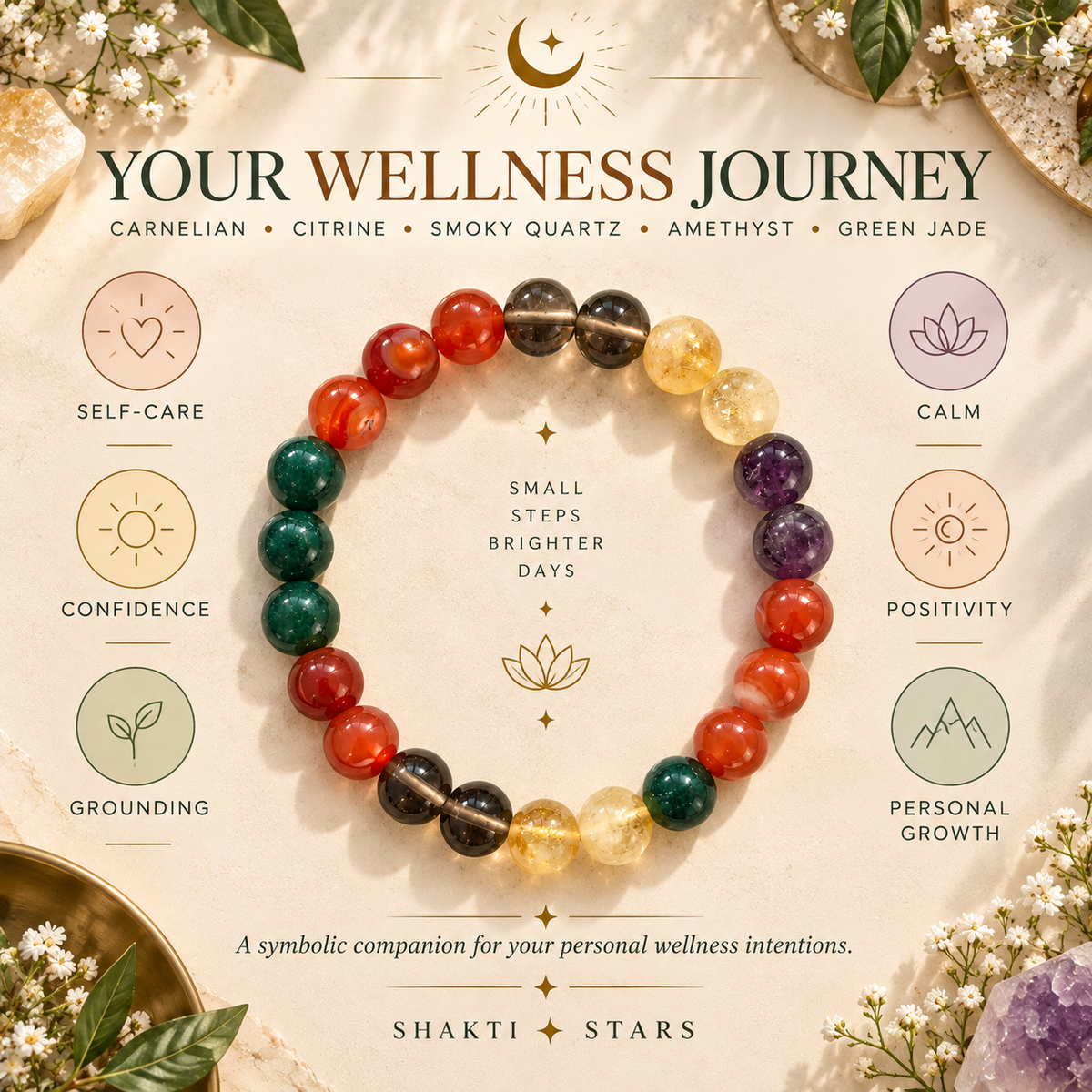 PCOS Support Crystal Bracelet | Carnelian, Citrine, Smoky Quartz, Amethyst & Green Jade