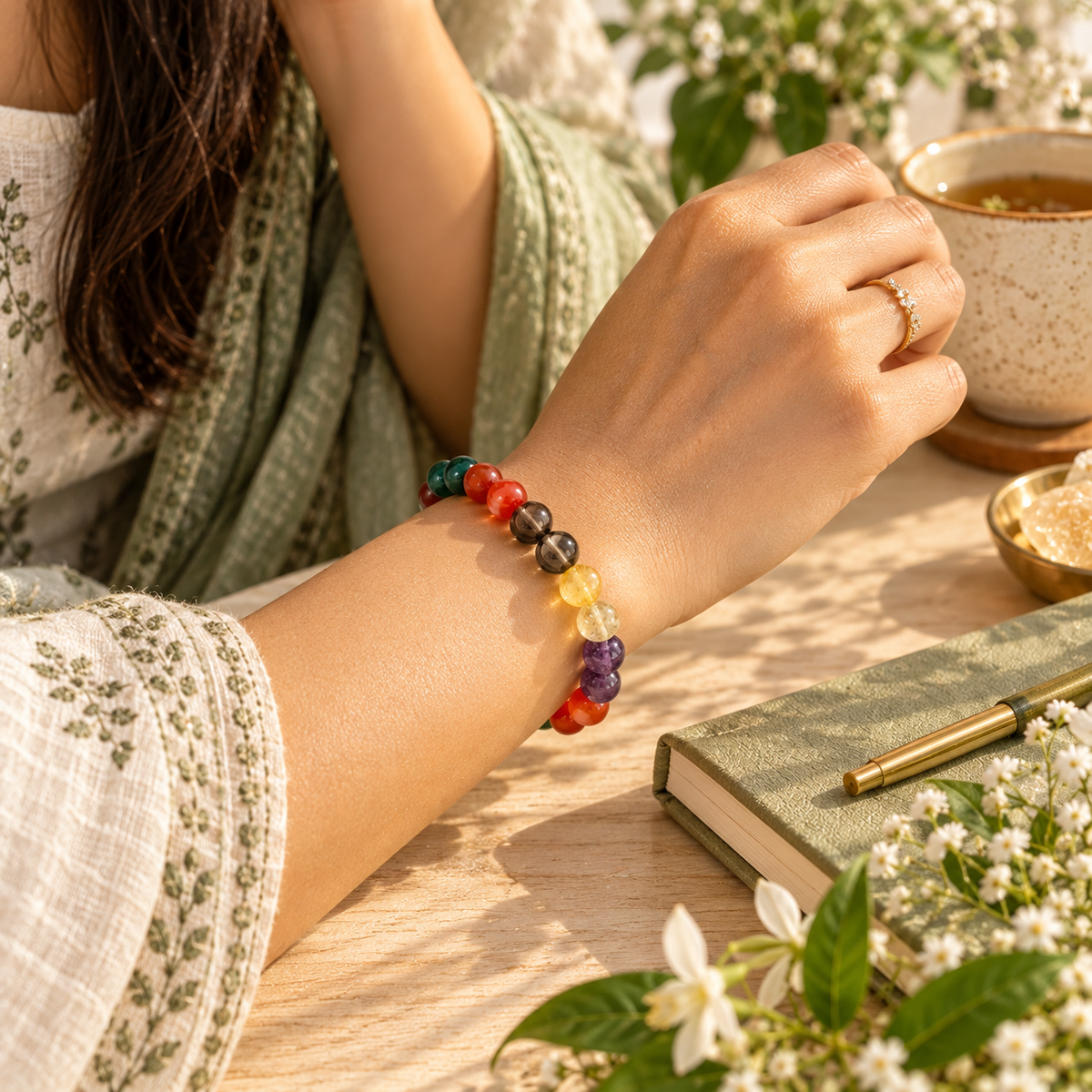 PCOS Support Crystal Bracelet | Carnelian, Citrine, Smoky Quartz, Amethyst & Green Jade