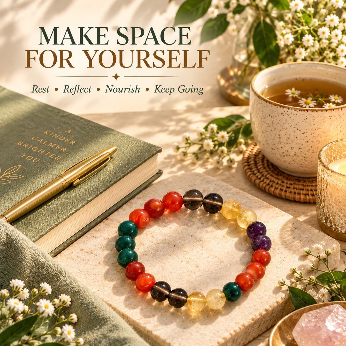PCOS Support Crystal Bracelet | Carnelian, Citrine, Smoky Quartz, Amethyst & Green Jade