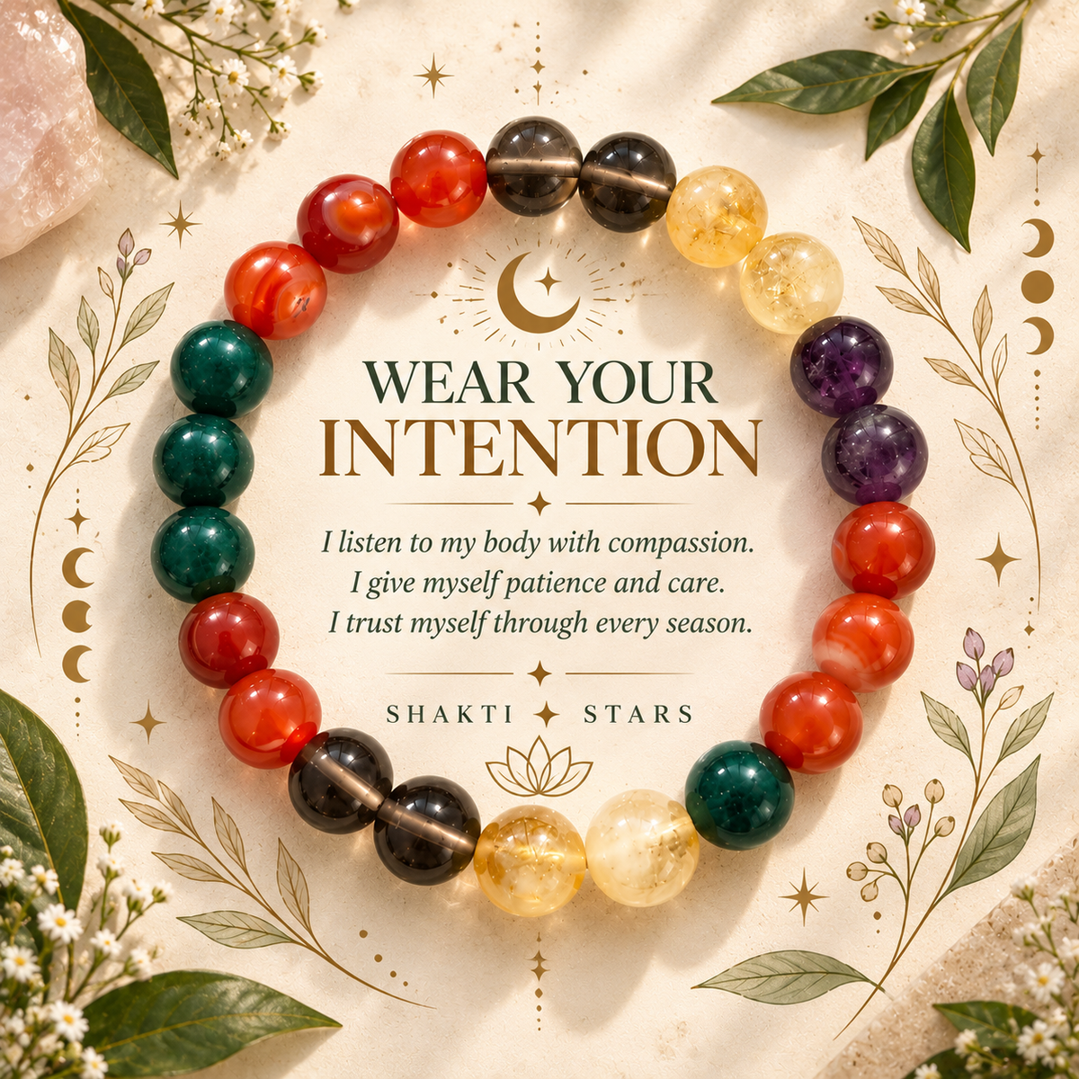 PCOS Support Crystal Bracelet | Carnelian, Citrine, Smoky Quartz, Amethyst & Green Jade