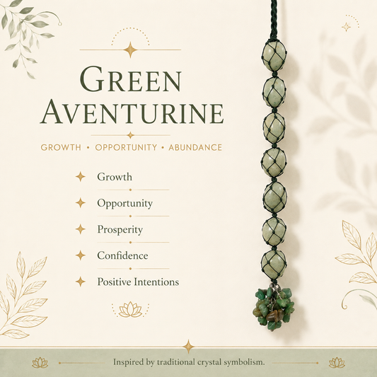 A green aventurine crystal hanging ornament with faceted beads and a cluster of green stones at the bottom, shown on a cream background with decorative text listing symbolic meanings such as growth, opportunity, abundance, prosperity, confidence, and positive intentions.