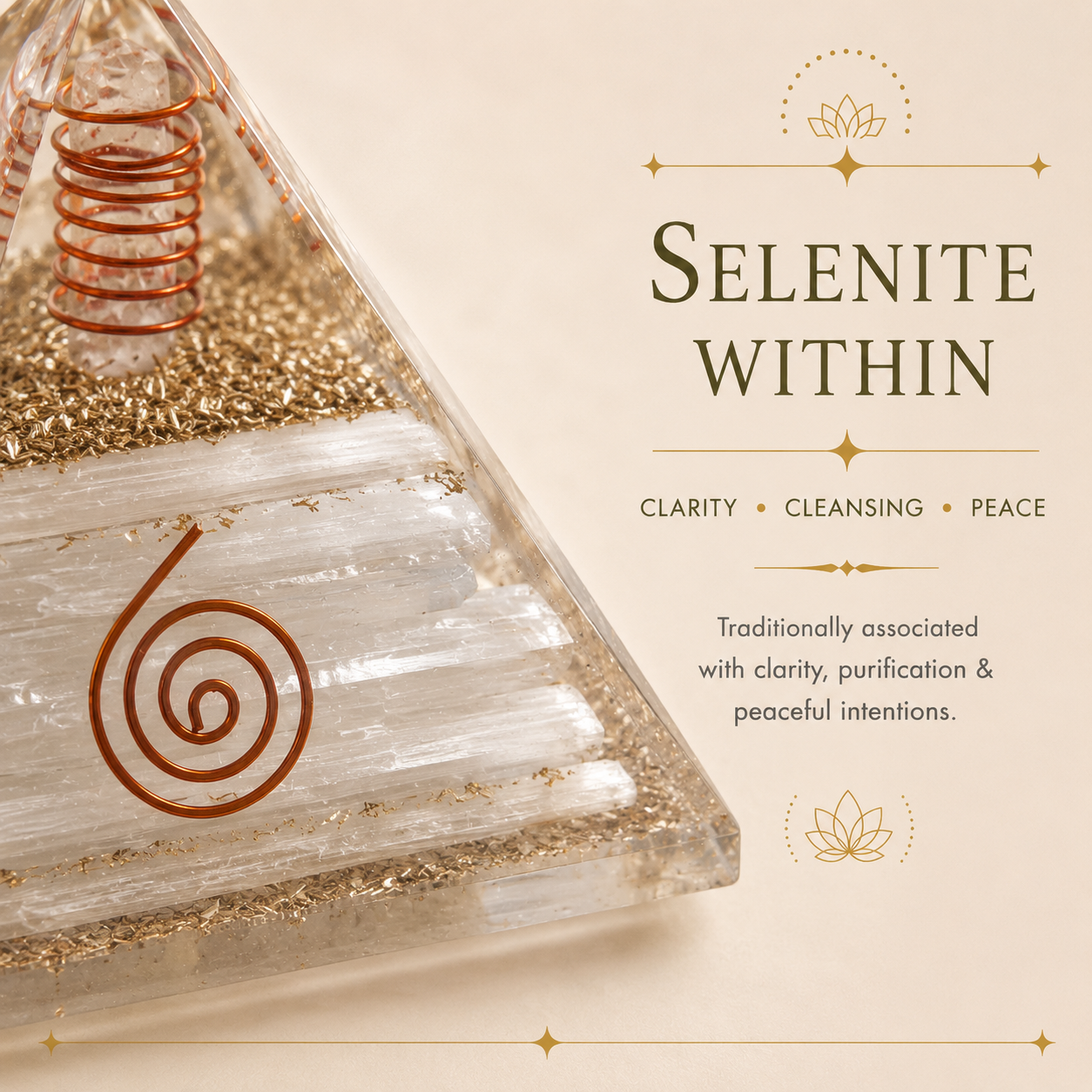 Selenite Orgone Pyramid with Crystal Pencils & Copper Coil