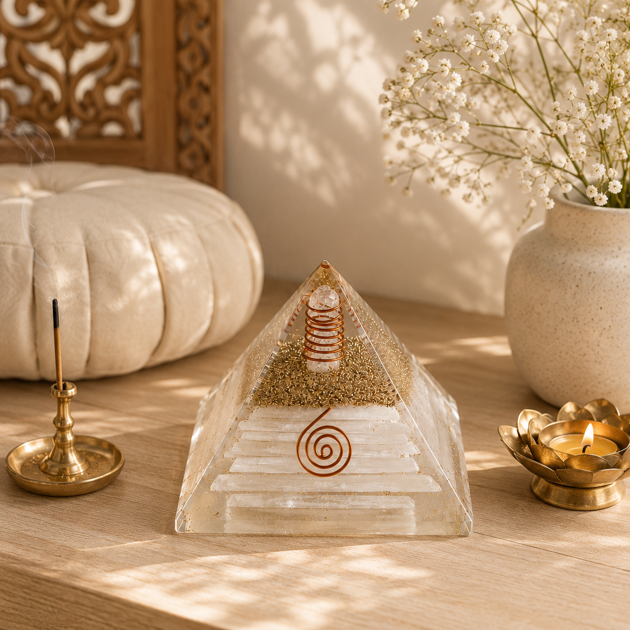 Selenite Orgone Pyramid with Crystal Pencils & Copper Coil