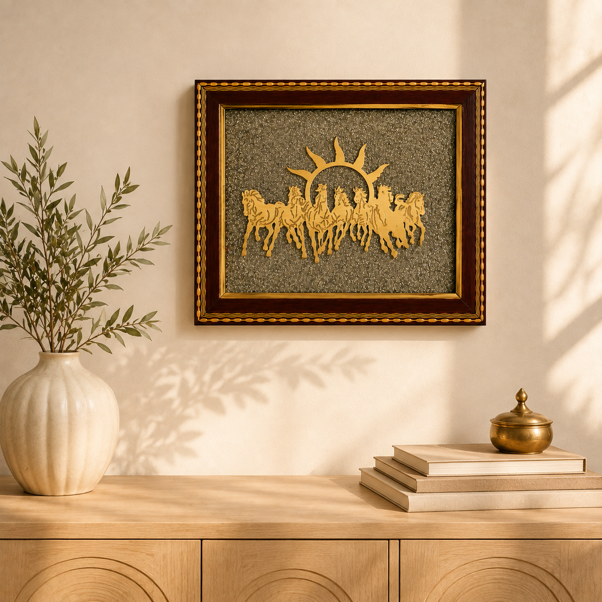 7 Horse Pyrite Frame 7.5 Inch | Vastu Décor for Prosperity & Success