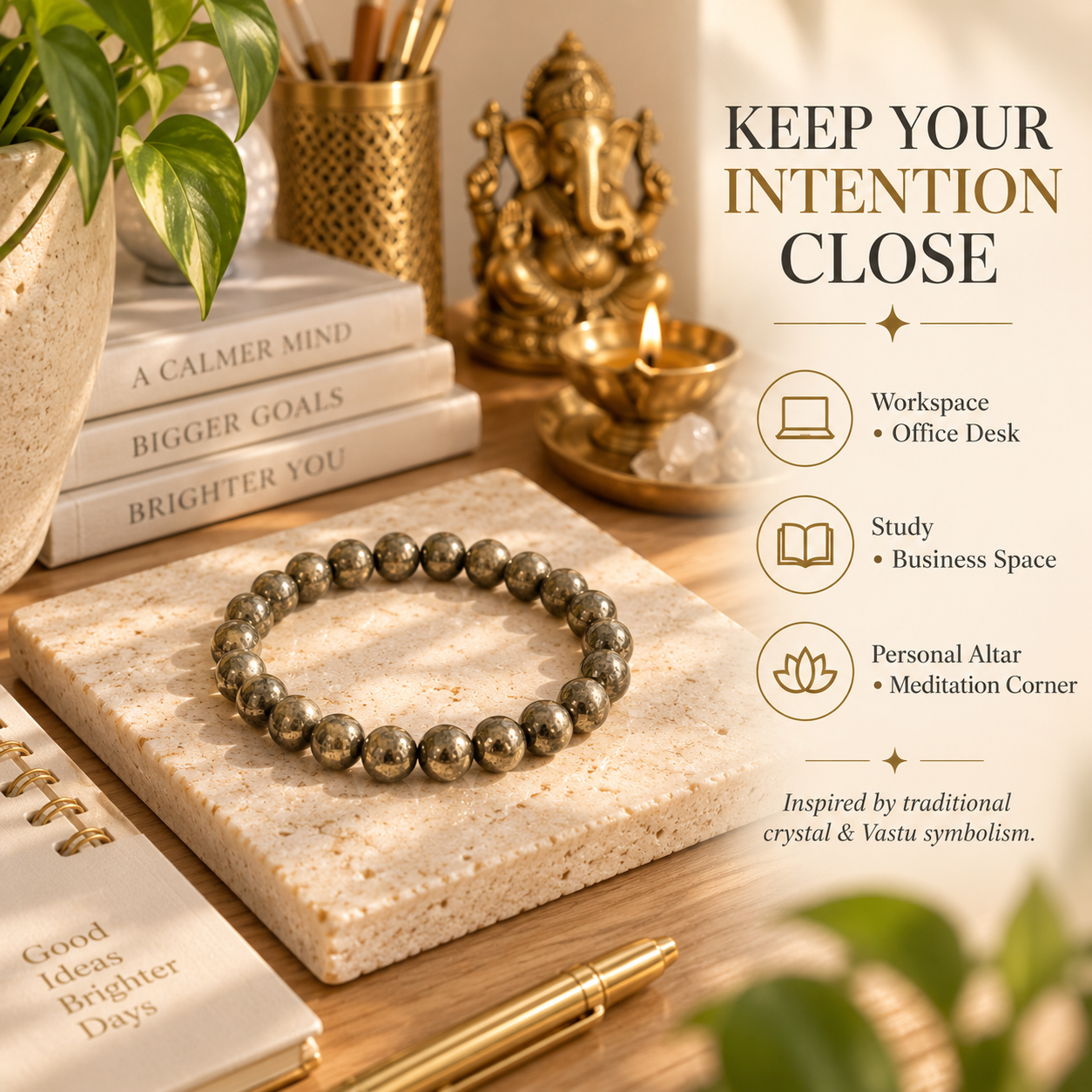 A beaded crystal bracelet made of polished metallic gray-green stones rests on a light stone slab on a wooden desk, surrounded by books, a candle, a pen, and decorative objects. Text on the right reads 'KEEP YOUR INTENTION CLOSE' with icons for workspace, study, and personal altar.