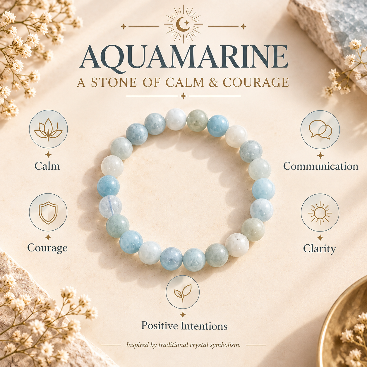 An aquamarine beaded bracelet arranged in a circle on a warm beige background with decorative dried flowers and crystals. Above the bracelet, the text reads 'AQUAMARINE A STONE OF CALM & COURAGE' with icons and labels around it: Calm, Communication, Courage, Clarity, Positive Intentions.