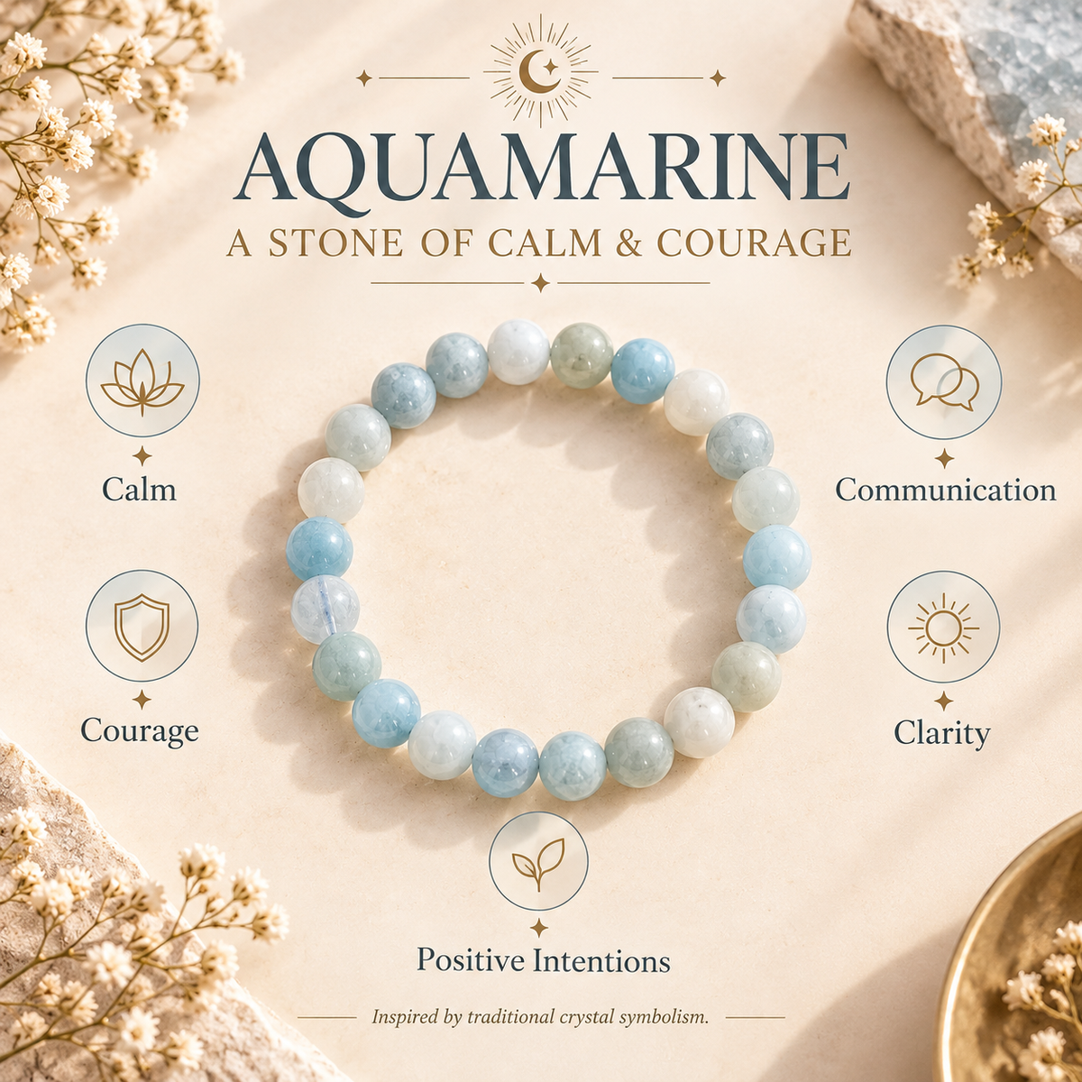 An aquamarine beaded bracelet arranged in a circle on a warm beige background with decorative dried flowers and crystals. Above the bracelet, the text reads 'AQUAMARINE A STONE OF CALM & COURAGE' with icons and labels around it: Calm, Communication, Courage, Clarity, Positive Intentions.