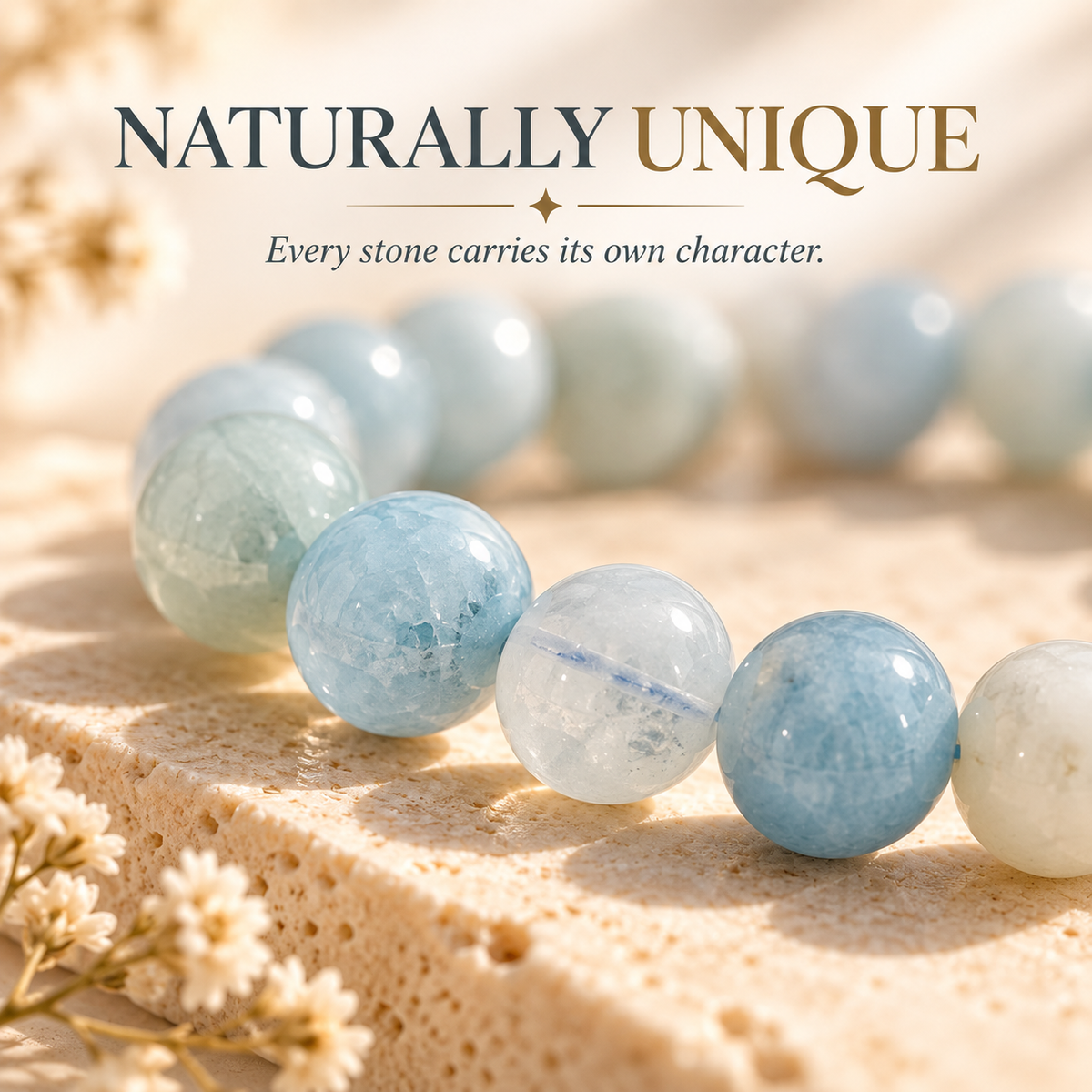A close-up of a beaded bracelet made of round translucent stones in pale blue, milky white, and soft green, arranged on a textured beige stone surface with dried flowers. Text at the top reads “NATURALLY UNIQUE” and “Every stone carries its own character.