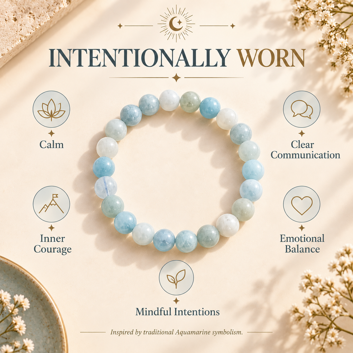 A beaded bracelet made of light blue and white stones arranged in a circle on a warm beige background with decorative text and icons. The text reads 'INTENTIONALLY WORN' and includes words like Calm, Clear Communication, Inner Courage, Emotional Balance, and Mindful Intentions.