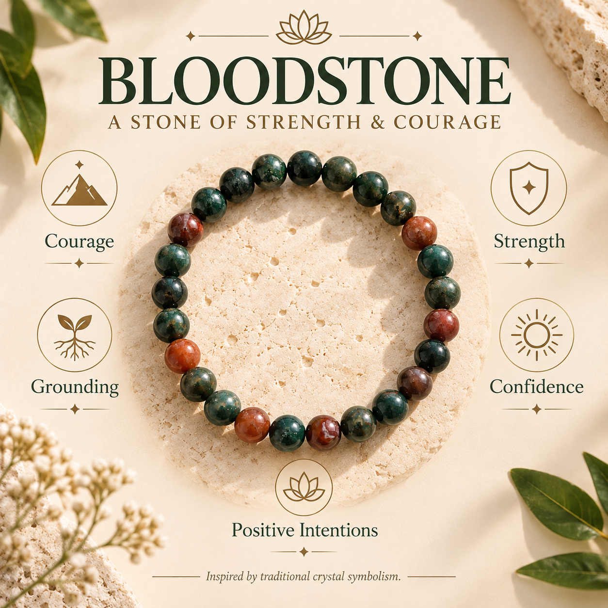 A beaded bracelet made of round bloodstone gemstone beads arranged in a circle on a textured beige stone slab. The image includes decorative leaves and small white flowers at the corners, with text reading 'BLOODSTONE' and 'A STONE OF STRENGTH & COURAGE' plus icons for Courage, Strength, Grounding, Confidence, and Positive Intentions.