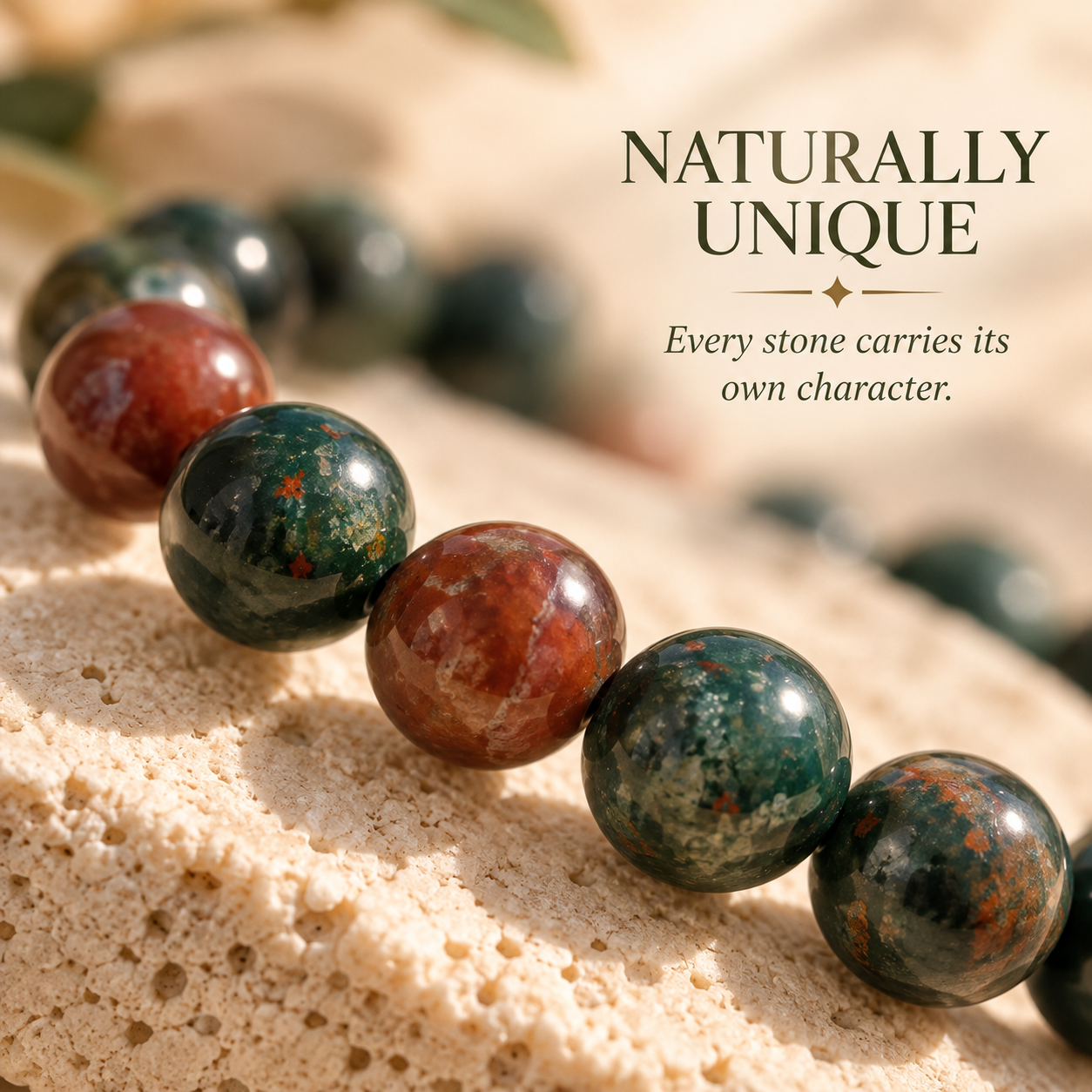 A close-up of polished gemstone beads arranged on a textured stone surface, with overlaid text reading “NATURALLY UNIQUE” and “Every stone carries its own character.” The beads are mostly dark green with orange-red matrix and some glossy reddish-brown stones.
