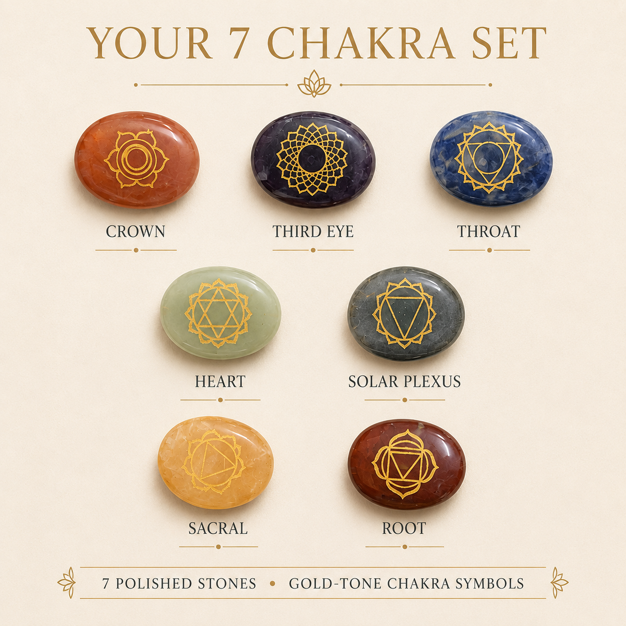 7 Chakra Reiki Healing Crystal Set – 7 Engraved Chakra Stones