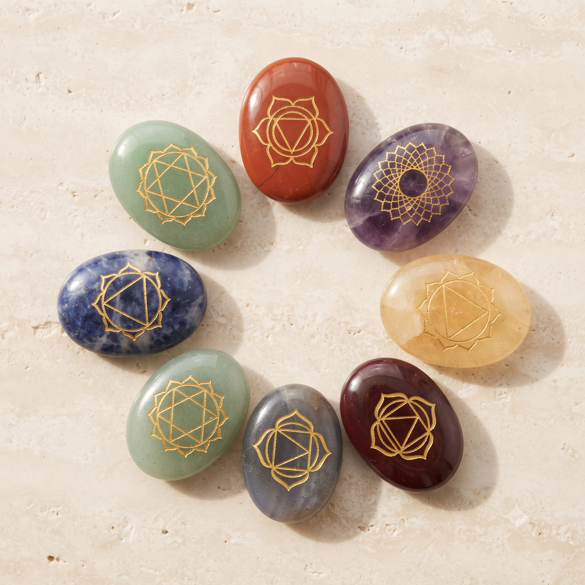 7 Chakra Reiki Healing Crystal Set – 7 Engraved Chakra Stones