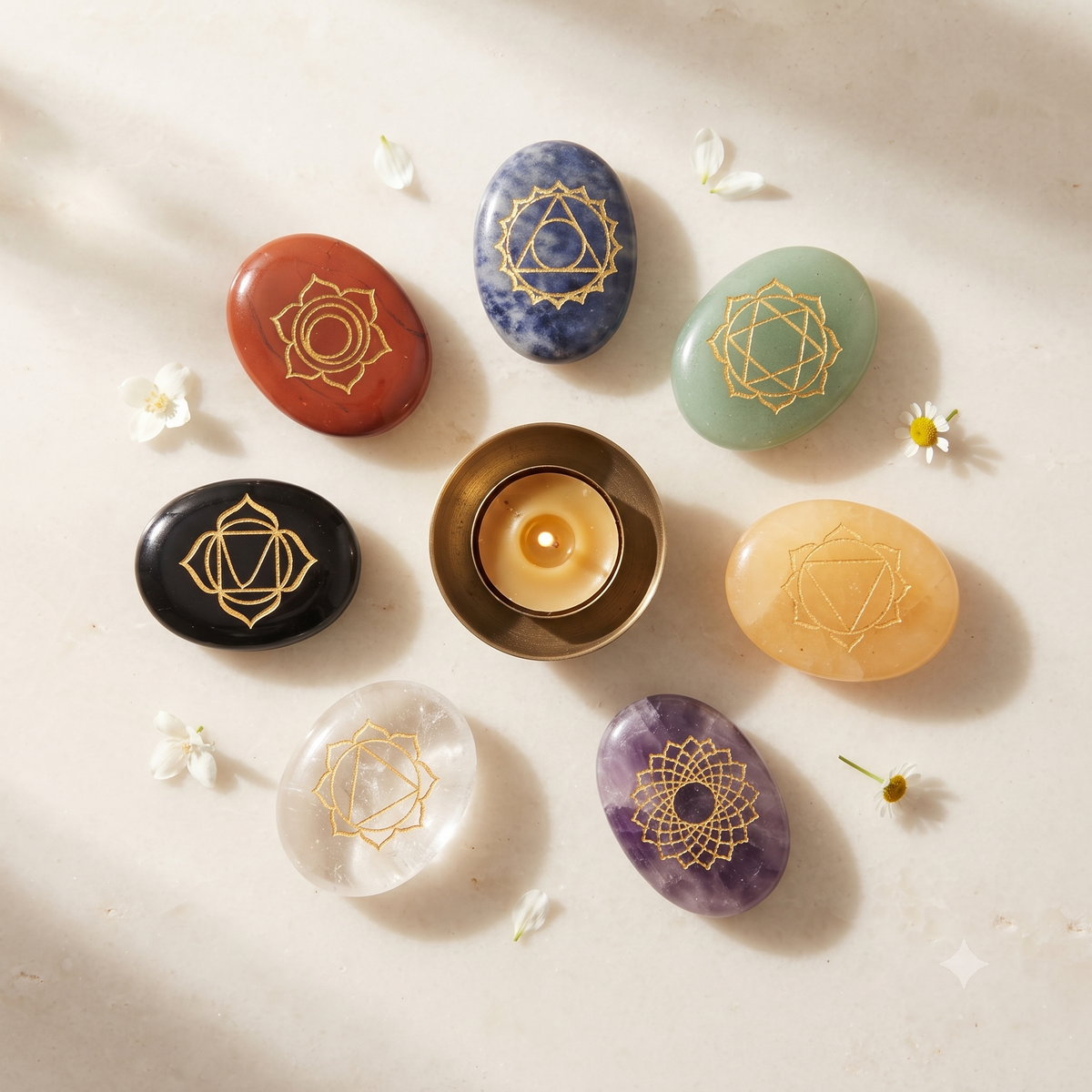 7 Chakra Reiki Healing Crystal Set – 7 Engraved Chakra Stones