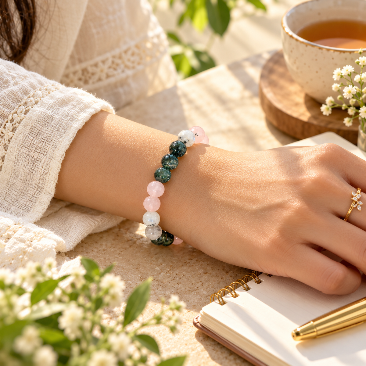 New Beginnings Crystal Bracelet | Rainbow Moonstone, Moss Agate & Rose Quartz