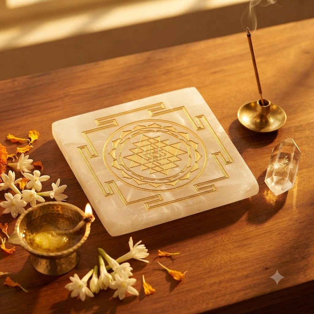 Sri Yantra Selenite Plate – Gold Engraved Crystal Charging & Spiritual Décor