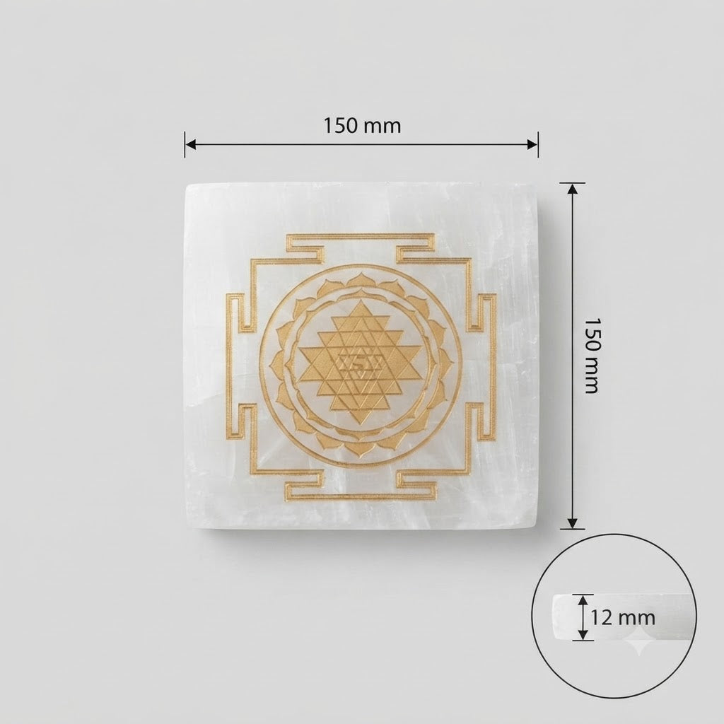 Sri Yantra Selenite Plate – Gold Engraved Crystal Charging & Spiritual Décor