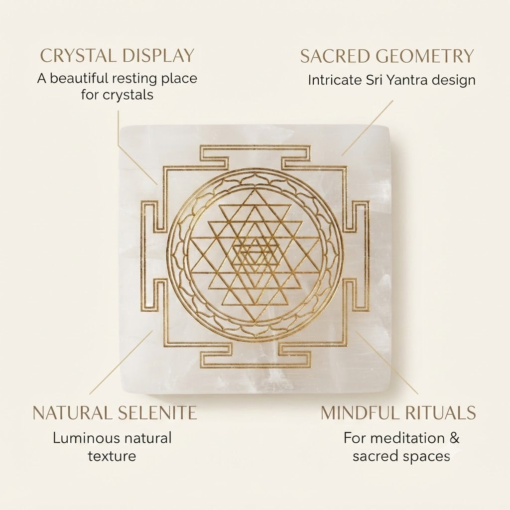 Sri Yantra Selenite Plate – Gold Engraved Crystal Charging & Spiritual Décor