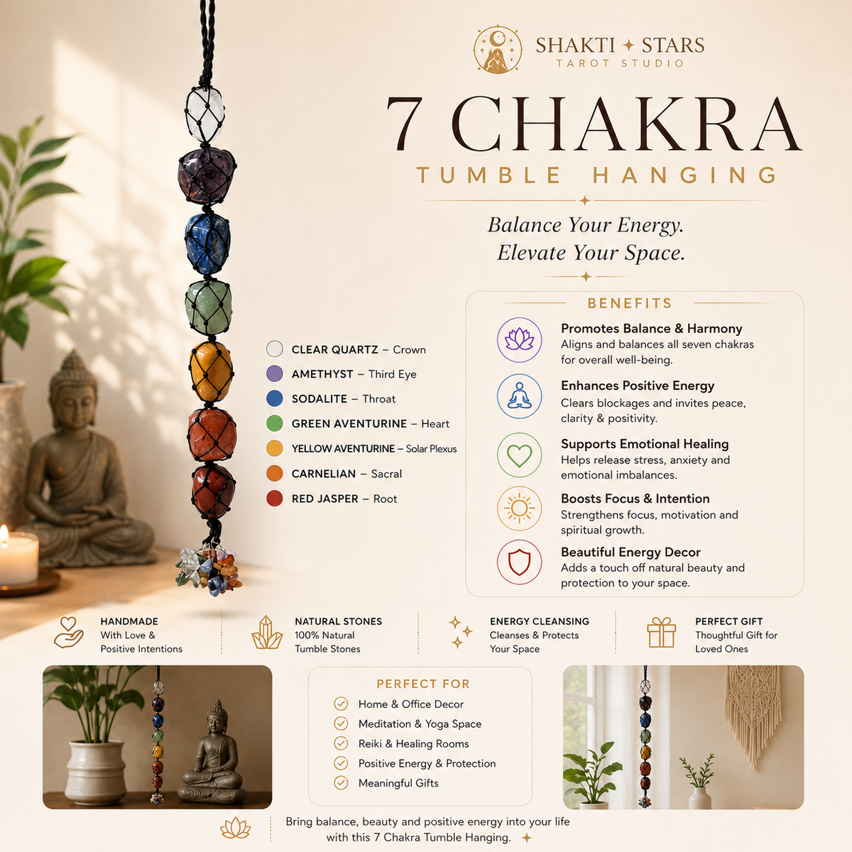 7 Chakra Tumble Stone Hanging – Natural Crystal Spiritual Décor