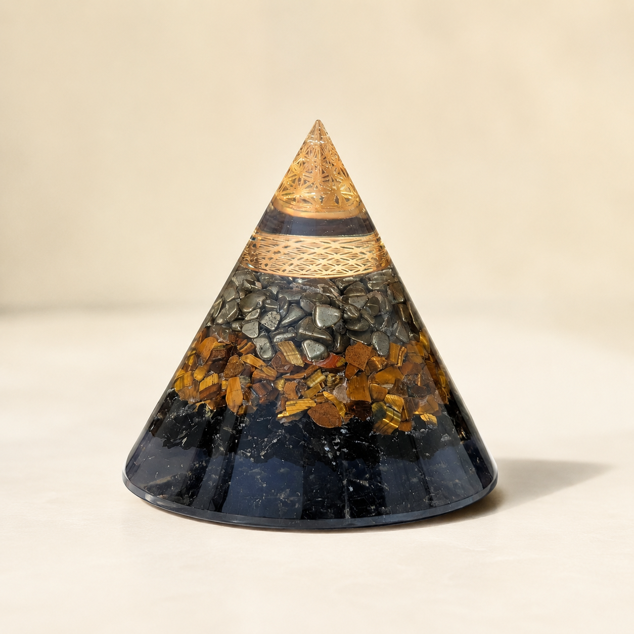 Triple Protection Orgone Pyramid – Black Tourmaline, Tiger Eye & Pyrite Crystal Chips