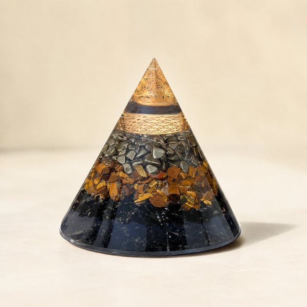 Triple Protection Orgone Pyramid – Black Tourmaline, Tiger Eye & Pyrite Crystal Chips