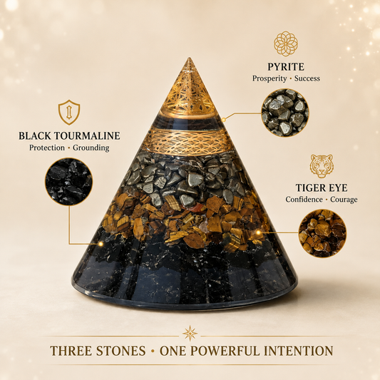 A conical crystal tower or orichast-style stone arrangement on a warm beige background, with callout circles labeling black tourmaline, pyrite, and tiger eye stones. Text at the bottom reads 'THREE STONES • ONE POWERFUL INTENTION'.