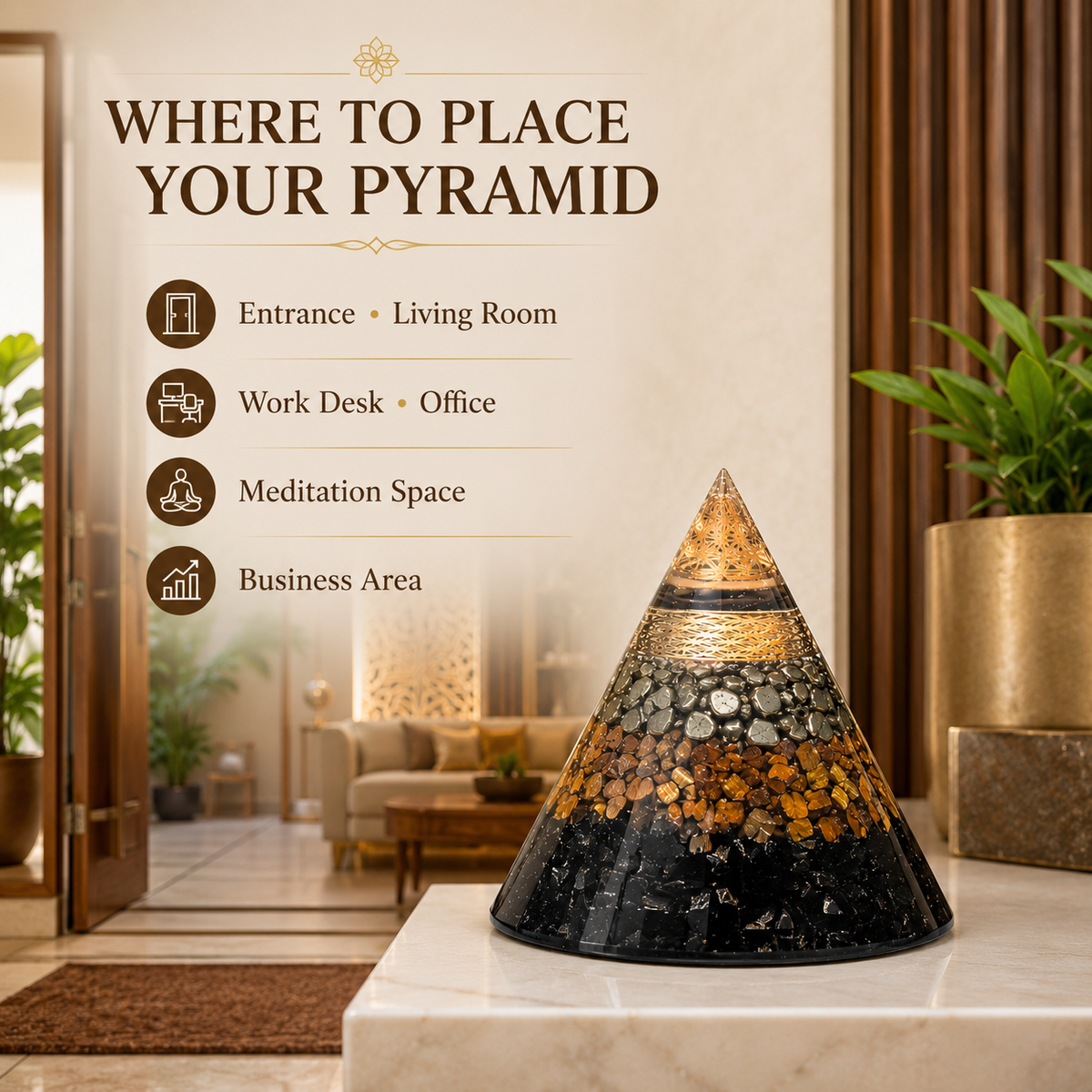 Triple Protection Orgone Pyramid – Black Tourmaline, Tiger Eye & Pyrite Crystal Chips