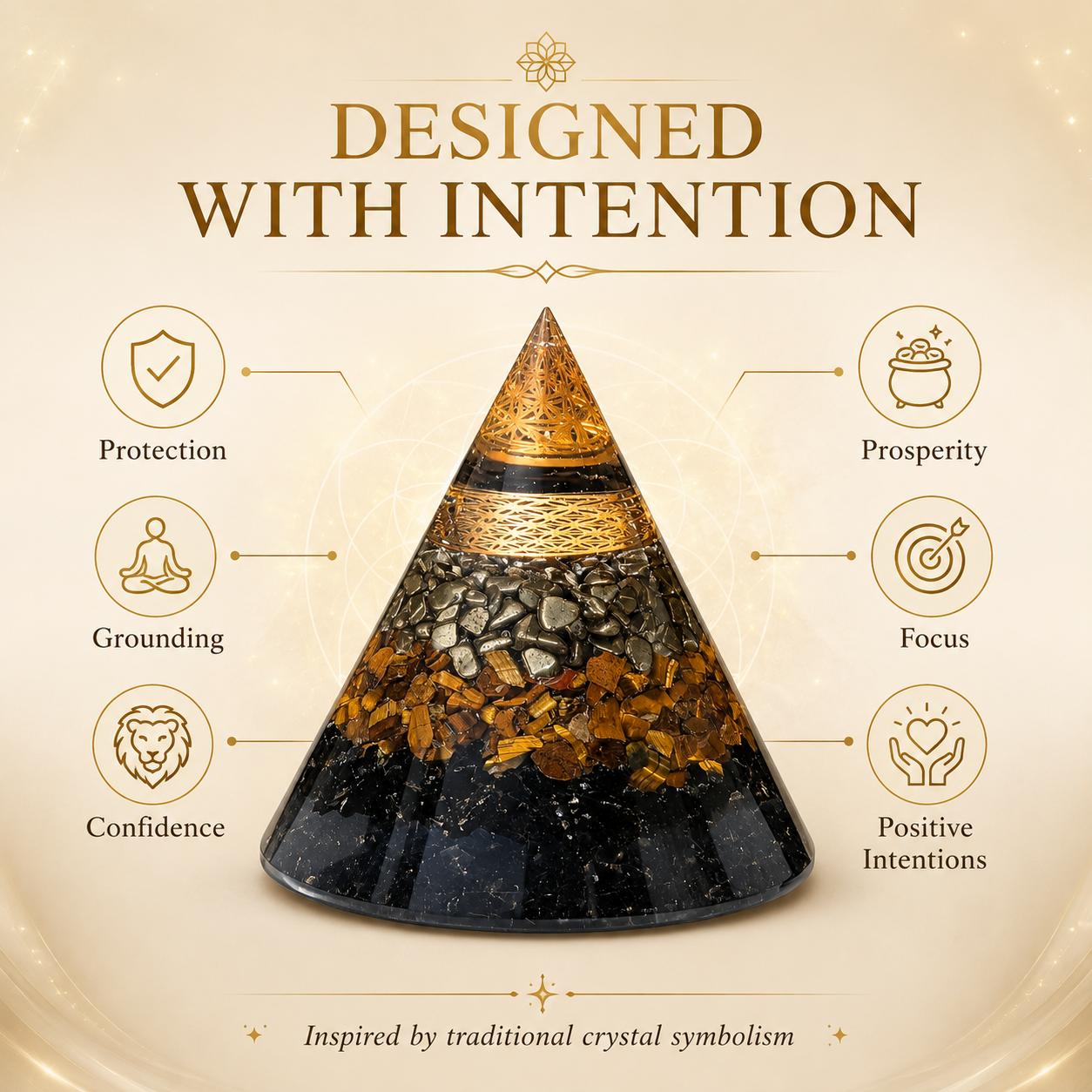 Triple Protection Orgone Pyramid – Black Tourmaline, Tiger Eye & Pyrite Crystal Chips
