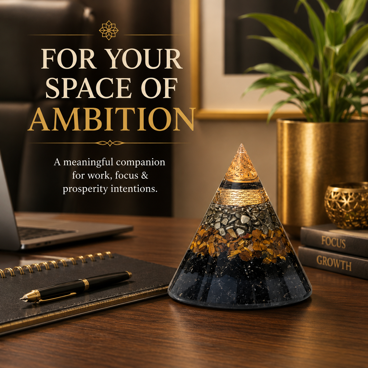 Triple Protection Orgone Pyramid – Black Tourmaline, Tiger Eye & Pyrite Crystal Chips