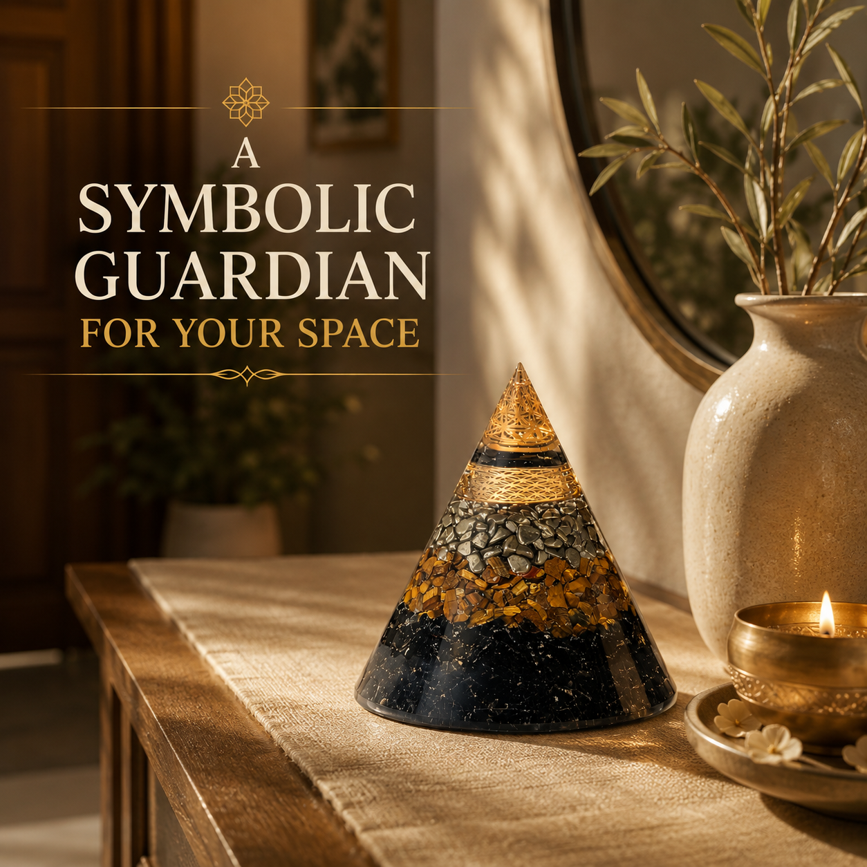 Triple Protection Orgone Pyramid – Black Tourmaline, Tiger Eye & Pyrite Crystal Chips