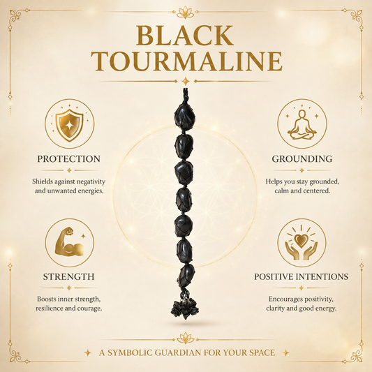 A black tourmaline crystal bead hanging ornament centered on a cream-colored graphic background with gold text and icons detailing its benefits: protection, grounding, strength, and positive intentions.