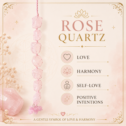 A pink rose quartz beaded hanging ornament displayed next to a larger pink crystal cluster on a soft beige background with decorative text reading 'ROSE QUARTZ' and icons for love, harmony, self-love, and positive intentions.