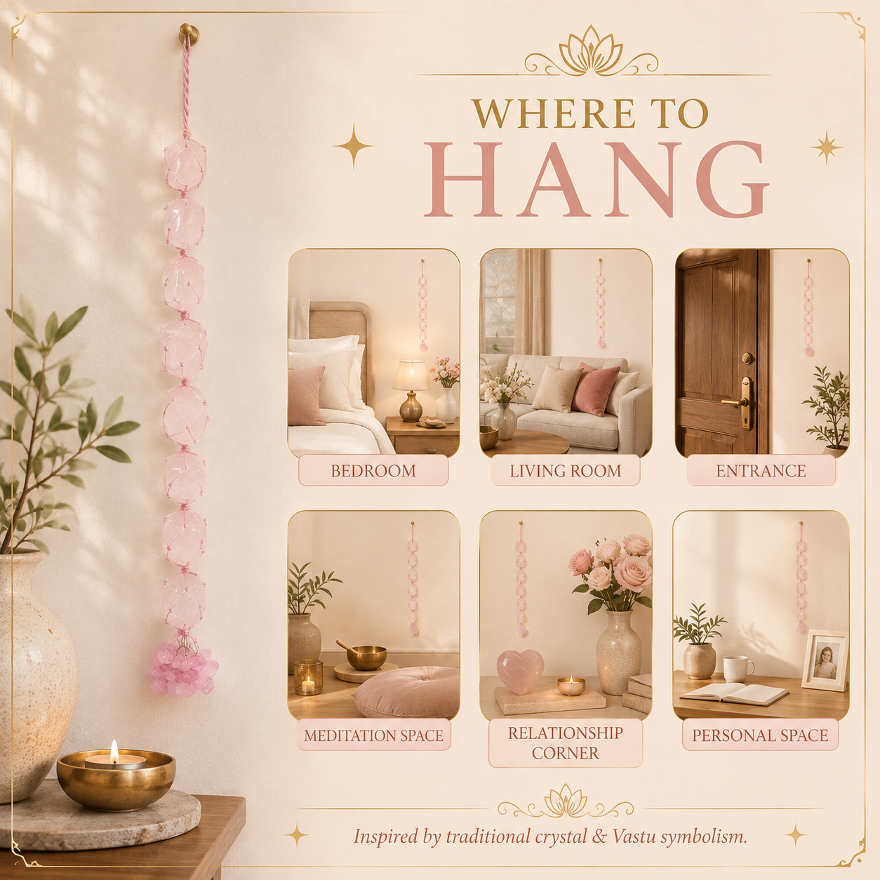 Rose Quartz Tumble Stone Hanging – Natural Love Crystal Décor