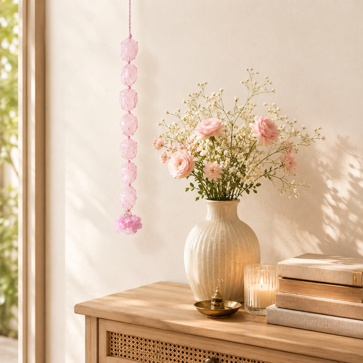 Rose Quartz Tumble Stone Hanging – Natural Love Crystal Décor