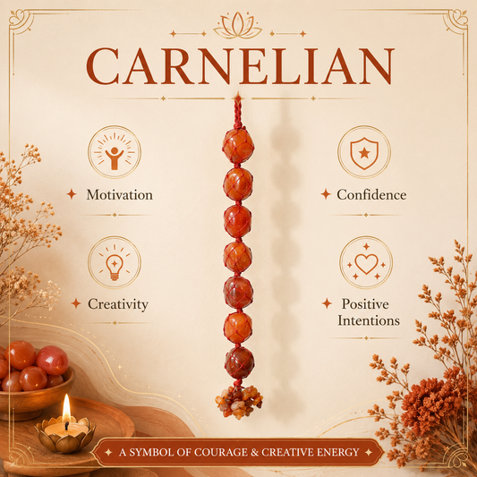 A vertical hanging beaded ornament made of reddish-brown oval beads with a small knotted cord at the bottom, centered on a cream decorative background with the word CARNELIAN and icons for Motivation, Confidence, Creativity, and Positive Intentions.